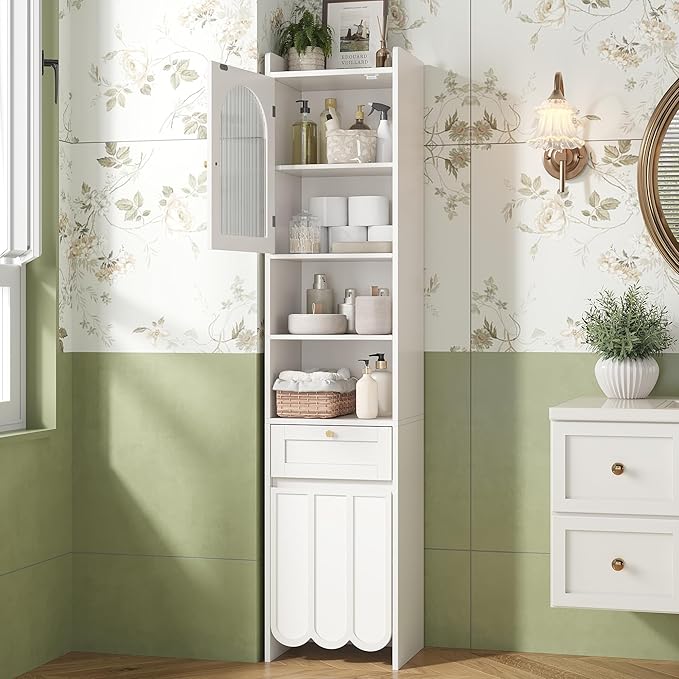 Tall Bathroom Storage Cabinet with 1 Drawer and 2 Doors - Modern Bath Organizer, Slim Freestanding Storage for Bathroom Essentials (11.8 Inches Wide), White
