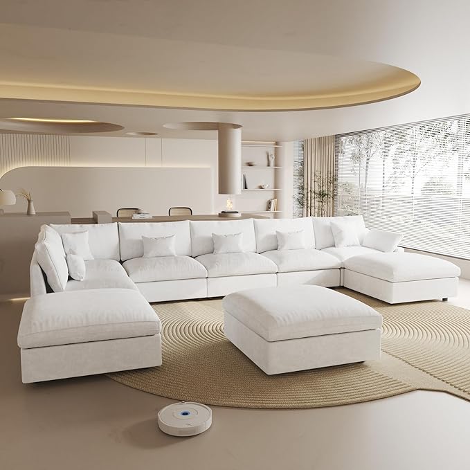 Cloud Couch for LivingRoom,190" U Shaped Modular Sectional Couch with Storage Ottoman,Down Filled 9 Seater Convertible Sleeper Sofa Bed Oversized Furniture,White