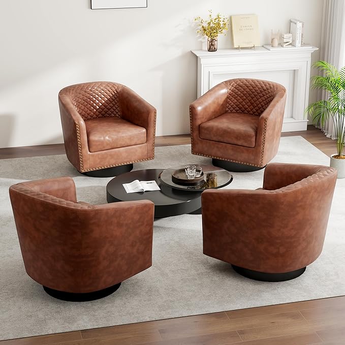 Swivel Barrel Accent Chair, Comfy Modern Upholstered Round Faux Leather Arm Chair for Living Room, Bedroom（Brown, Set of 4