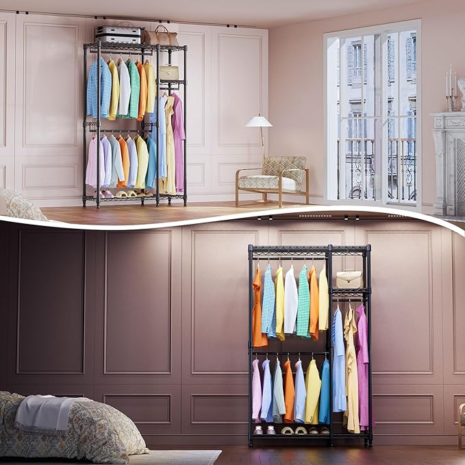 IZEUK 2 Combination Heavy Duty Garment Rack Wire Clothes Rack for Hanging Clothes, Metal Freestanding Closet Wardrobe Rack with 3 Rods Black 15.7" D x 43.3" W x 76.5" H