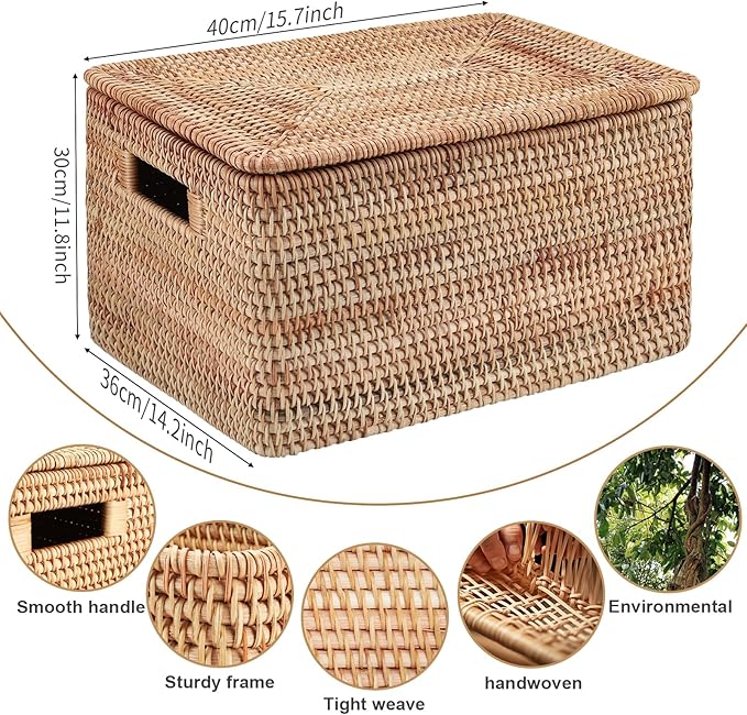 Rattan Basket With Lid, Large Lidded Basket For Storage(15.75" L×14.17" W×11.81" H)