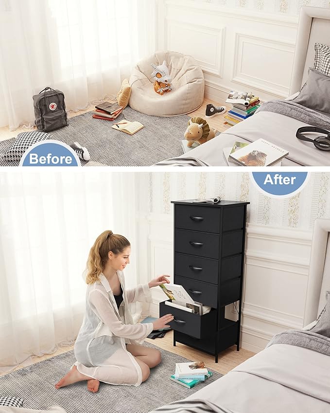 Crestlive Products Vertical Dresser Storage Tower - Sturdy Steel Frame, Wood Top, Easy Pull Fabric Bins, Wood Handles - Organizer Unit for Bedroom, Hallway, Entryway, Closets - 6 Drawers (Black)