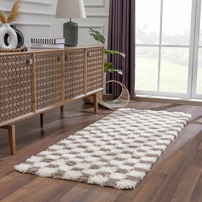 Hauteloom Atira Checkered Shag Runner Rug - Checkboard Design - High Pile Fluffy Shaggy Touch - Square Tiles - Kids Room, Hallway, Bedroom Shag - Brown, Cream, White - 2'7" x 7'3"