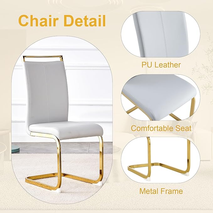 79-inch Modern Dining Table Set for 8 with 1.8 Inch Faux Marble Table Top & 8 PU Leather Chairs, White Luxury Kitchen and Dining Room Furniture Set