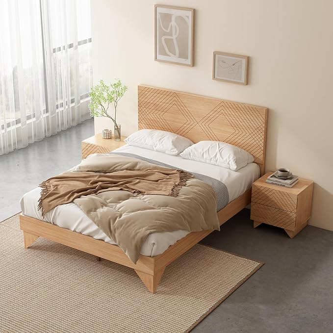 MUSEHOMEINC Solid Wood Platform Bed Frame, Full Size Bed Frame with Line Diamond Pattern Headboard,Wood Slat Support,No Box Spring Needed, Modern Minimalist Wooden Bedframe, Easy Assembly (Full)