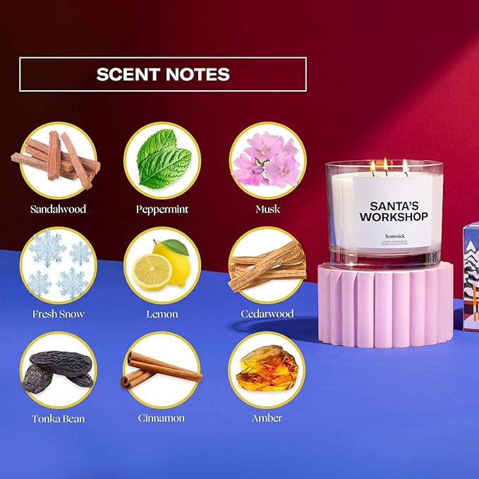 Homesick Scented Candles for Home (Santa’s Workshop) - 26 oz Long-Lasting Natural Soy Wax Blend Jar Holiday Candle Gifts for Christmas, 110-150 Hours Burn Time - Notes of Sandalwood & Fresh Snow