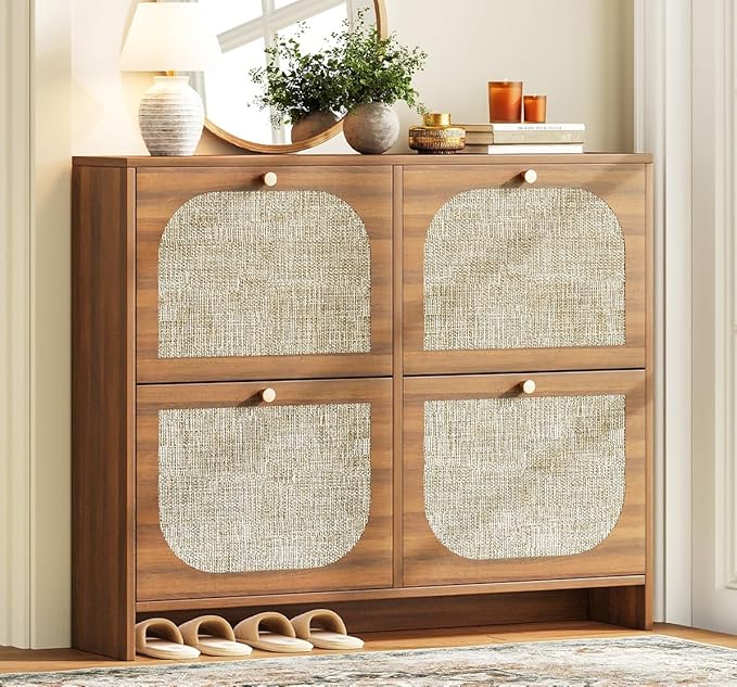 Nicetree Freestanding Arched Rattan Accent Ultra Slim Shoe Cabinet for Entryway - 4 Flip Drawers & 3-Tier Adjustable Shelves, Farmhouse Modern Rustic Shoe Rack for Hallway, Foyer, Living Room
