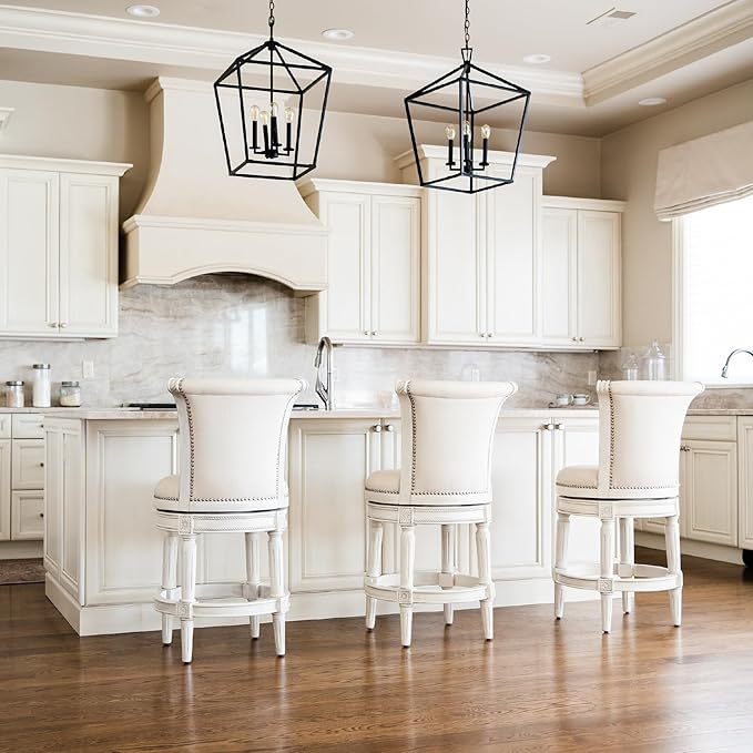 Maven Lane Pullman Counter Stool 26 Inches – Set of 3 – Swivel Stools with Footrest – Cream Solid Wood Frame & Natural Fabric Upholstery – Perfect for Kitchen Islands & Counters