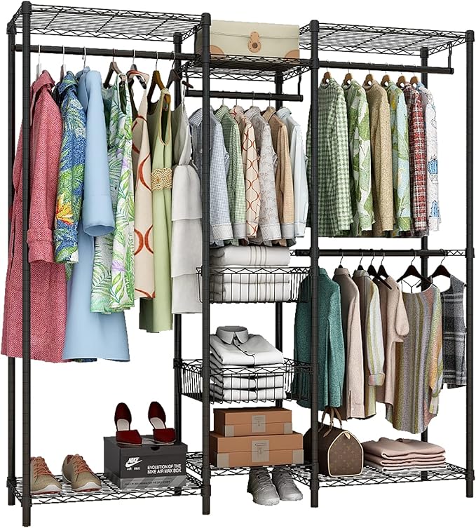 Xiofio 6 Tiers Heavy Duty Clothes Rack with Hanging Rods,Metal Garment Rack,Adjustable Shelves & 2 Slid Storage Baskets,65.0" L x 15.7" W x 76.0" H,Max Load 800LBS,Black