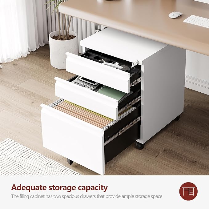 3 Drawer File Cabinet，Mobile Filing Cabinet with Lock and Wheels，Fully Assembled Metal Under Desk File Cabinets for A4/Letter/Legal Size（White