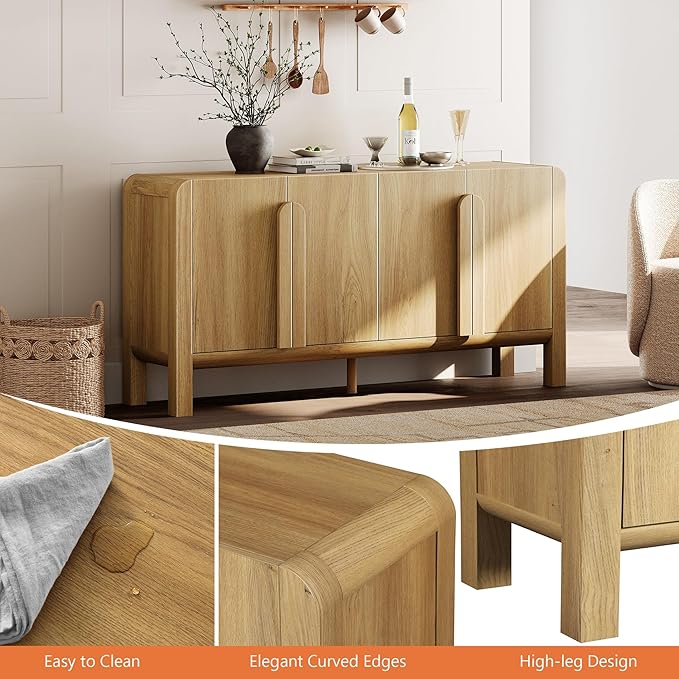 WAMPAT Modern TV Stand for TVs Up to 75 inches,63" W Farmhouse Entertainment Center with Adjustable Shelf and 4 Doors,Media Console Table TV Cabinet for Living Room,Light Walnut