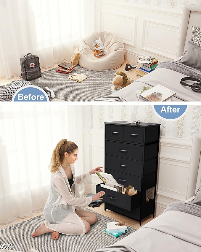 Crestlive Products Vertical Dresser Storage Tower - Sturdy Steel Frame, Wood Top, Easy Pull Fabric Bins, Handles - Organizer Unit for Bedroom, Hallway, Entryway, Closets - 7 Drawers (Black)