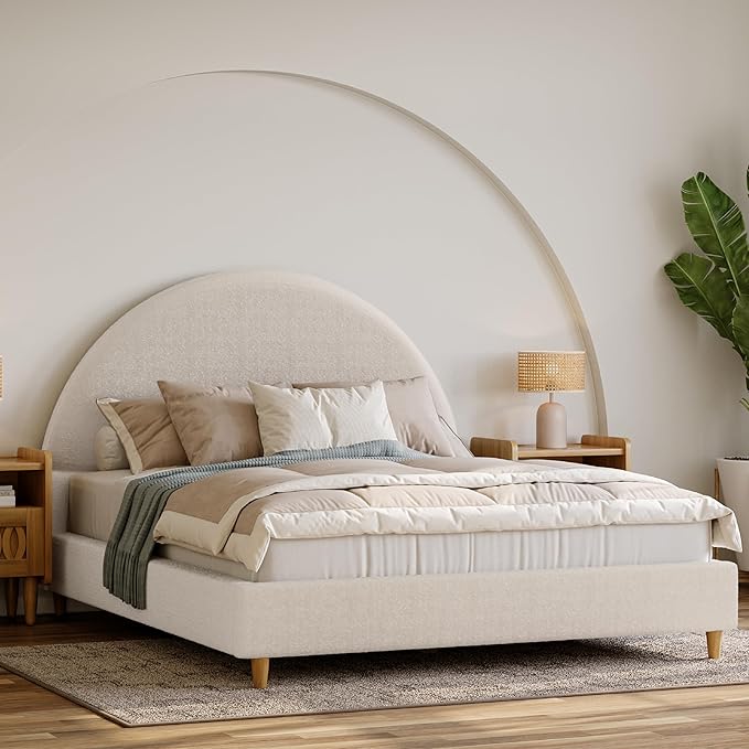 DG Casa Boucle Cloud Bed Frame with Arch Shaped Headboard, Upholstered in Soft Fabric, Platform Bed Frame with Solid Wood Legs - Boho or Modern Style - No Box Spring Needed - Queen Size