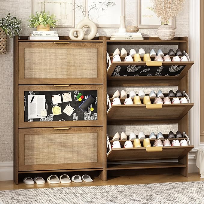 Rattan Shoe Storage Cabinet with 6 Flip Drawers & Chalkboard, Freestanding Organizer for Front Door Entrance, Hidden Narrow Shoe Rack Cabinet Storage for Entryway, Rustic Oak Rattan