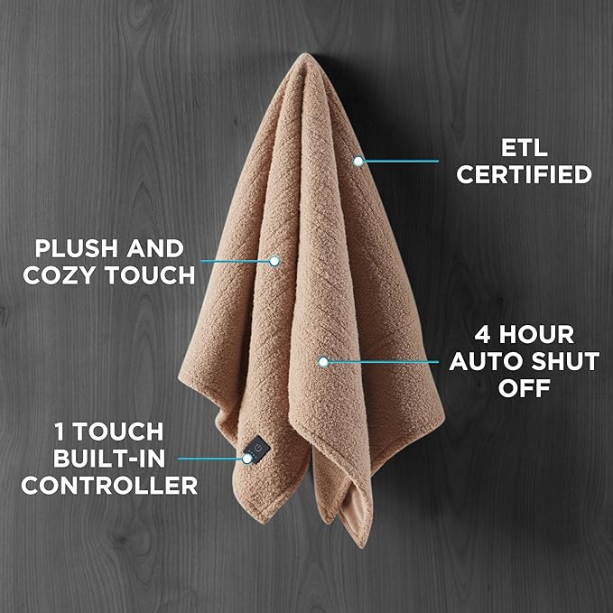 Brookstone Heated Throw Blanket - Heat Blankets Electric - Faux Fur Heated Throw Blanket- 4 Heat Settings, 4-Hour Auto Shut Off, 100% Polyester, 50"x60" - Brown