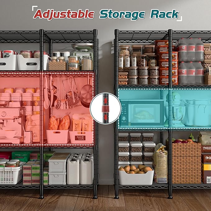 REIBII 78.4''W Storage Shelves, 4 Tier Wire Shelving Unit Loads 1500LBS with Adjustable 2PCS Heavy Duty Metal Shelving for Pantry, Kitchen,Garage Shelves.78.4''Wx11.8''Dx59''H,Black