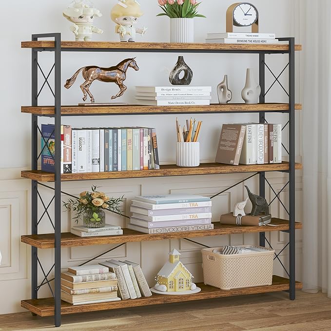 HCHQHS Large Bookshelf, 5-Tier Long Industrial Bookcase, Rustic Brown Book Shelf, Freestanding Horizontal Bookshelves with Metal Frame