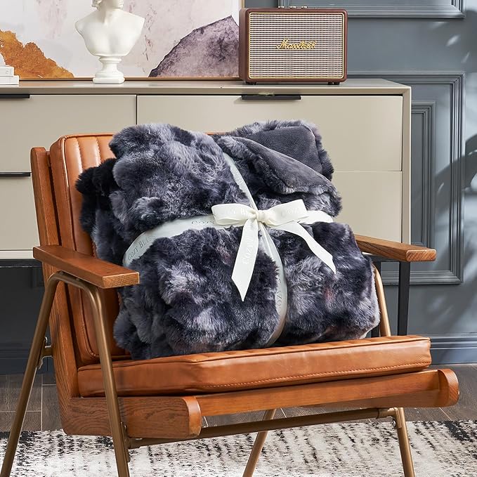 Cozy Bliss Faux Fur Throw Blanket for Couch, Fuzzy Soft Plush Thick Bubble Blanket for Sofa Bedroom Living Room,50 * 60 Inches Tie Dye Black