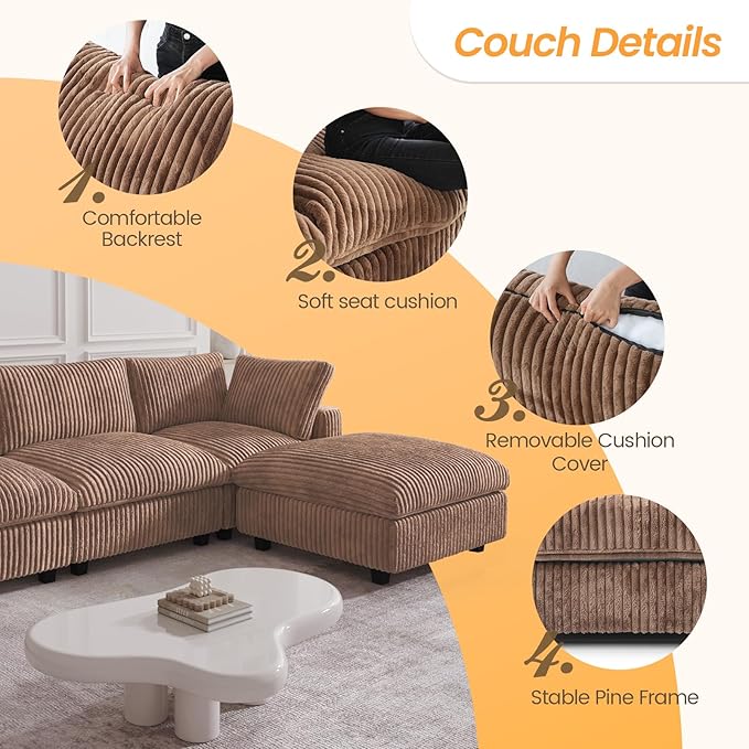 JACH 78.74" Love Seat Sectional Couches, Convertable Modular Sofa with Chaise Ottoman, Modern Deep Seat Couch, Sofa Covers Washable, Minimalist Plush Sofas for Living Room, Apartment, Brown