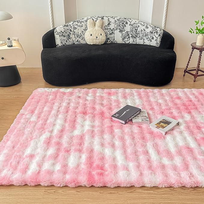 Pink White Rabbit Plush Area Rug for Bedroom Living Room Sofa,5'X8' Faux Fur Fluffy Shaggy Rectangular Square Rug for Kids Teen Girls Room,Furry Carpet Rug for Nursery Baby Room Decor for Teenage