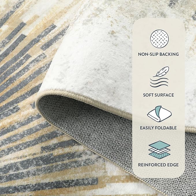 Lahome Modern Living Room Area Rug - 4x6 Rug Washable Non-Slip Soft Bedroom Rugs Ultra-Thin Throw Office Rug, Abstract Print Low-Profile Carpet Rug for Kitchen Laundry Room Entryway (Gold/Gray, 4'x6')