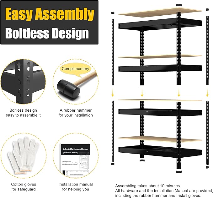 PrimeZone 4 Tier 36" W x 16" D x 55" H Storage Shelves - Adjustable Garage Storage Shelving, Heavy Duty Metal Storage Utility Rack Shelf Unit for Warehouse Pantry Closet Kitchen, Black