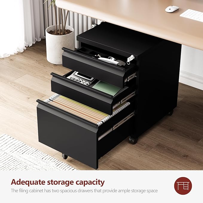 3 Drawer File Cabinet，Mobile Filing Cabinet with Lock and Wheels，Fully Assembled Metal Under Desk File Cabinets for A4/Letter/Legal Size（Black