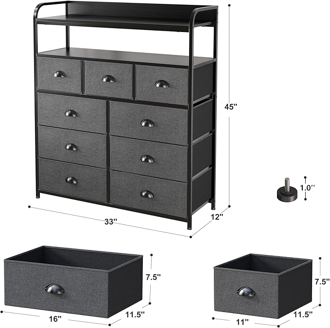 EnHomee Dresser for Bedroom with 9 Drawers, Dressers with 2 Open Shelves, Fabric Dressers & Chests of Drawers for Bedroom, Sturdy Metal Frame, Large Dresser, Black Grey