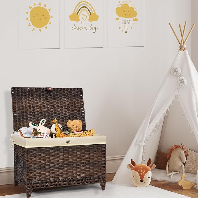 Wicker Storage Basket with Lid,Rattan Shelf Basket with Removable Liner Bag,105L Storage Bin,Storage Trunk with Heightened Feet,Storage Container for Wardrobe,Home Organizer