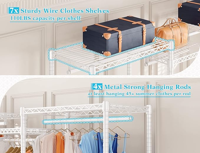 Raybee Clothes Rack Heavy Duty Clothing Racks for Hanging Clothes Adjustable Hanging Clothes Rack Garment Rack, White, 13.9" D x 70.6" W x 77" H