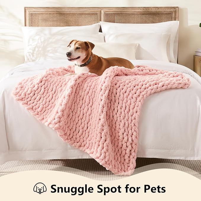 L'AGRATY Chunky Knit Blanket Throw - Soft Chenille Yarn Throw Blankets 30x40：Handmade Thick Cable Knit Crochet Blanket - Large Knit Chunky Rope Knot Throw Blankets for Couch Sofa Bed Home Decor