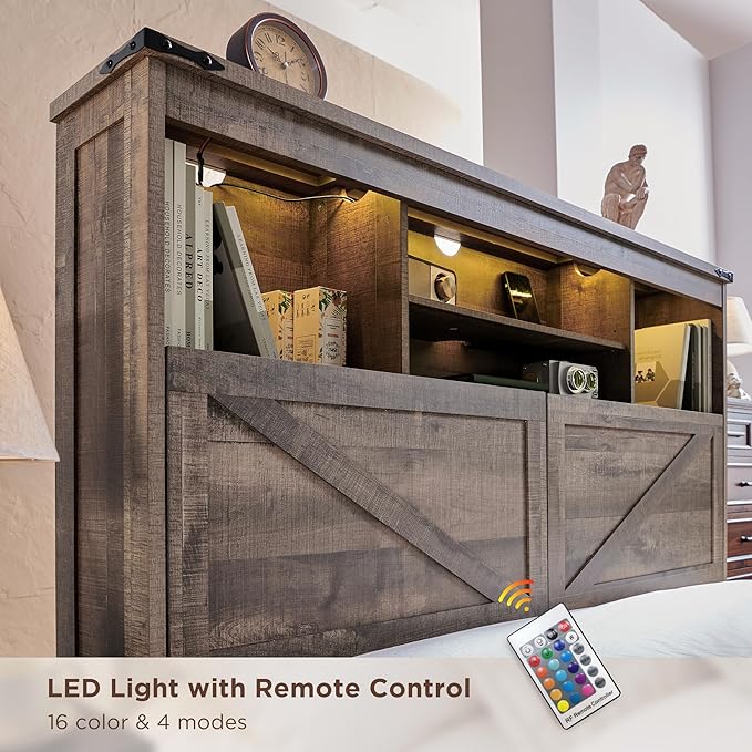 Farmhouse Full Size Wood Bed Frame with 52" Tall Storage Headboard and 4 Drawers,LED Light,Charging Station,Solid Wood Slats Support,Noiseless,No Box Spring Needed,Light Brown