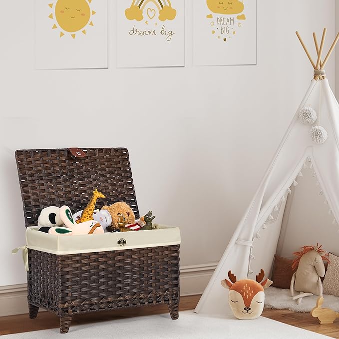 Wicker Storage Basket with Lid,Rattan Shelf Basket with Removable Liner Bag,65L Storage Bin,Storage Trunk with Heightened Feet,Storage Container for Wardrobe,Home Organizer