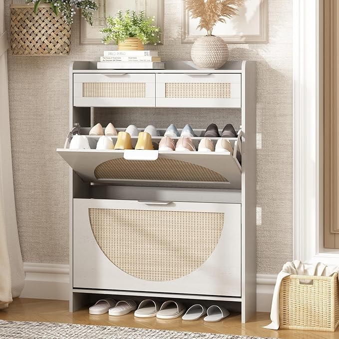 Rattan Shoe Storage Cabinet with 2 Flip Drawers & 2 Drawers, Freestanding Organizer for Front Door Entrance, Hidden Narrow Shoe Rack Cabinet Storage for Entryway, Antique White