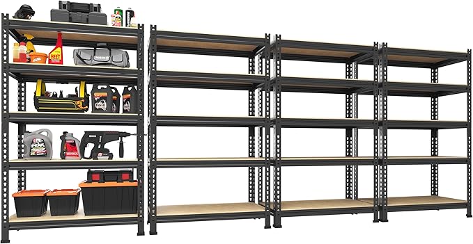 PrimeZone Storage Shelves 4 Pack 5 Tier Adjustable Garage Storage Shelving, Heavy Duty Metal Storage Utility Rack Shelf Unit for Warehouse Pantry Closet Kitchen, Black