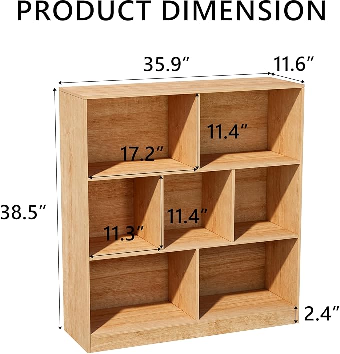 7-Cube Wooden Bookshelf with Base,3-Tier Freestanding Open Storage Organizer,Multi-Functional Bookcase for Living Room,Bedroom,Study and Office (Oak, 7-Cube)