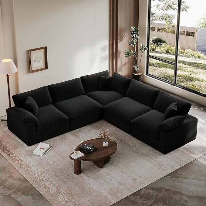 110.8" Oversized Cloud Sectional Couches for Living Room, Comfy Down Filled Couch, Convertible 5 Seater V Shaped Modular Couch, Deep Seat Modular Sectional Sofa with Removable Covers, Black