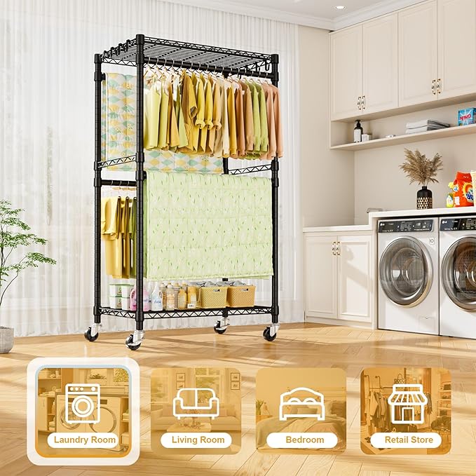 P4 Rolling Clothes Rack Heavy Duty, Clothing Racks for Hanging Clothes, Freestanding Garment Racks with Wheels, Metal Portable Closet Rack 35.5''W × 20.5''D × 80.5''H, Max Load 560Lbs, Black