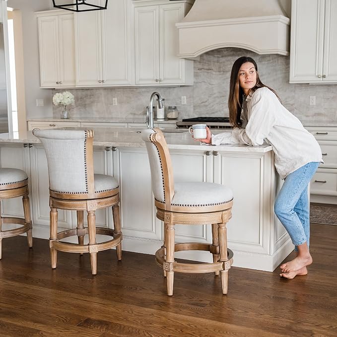 Maven Lane Pullman Counter Stool 26 Inches – Set of 2 – Swivel Stools with Footrest – Light Brown Solid Wood Frame & Natural Fabric Upholstery – Perfect for Kitchen Islands & Counters