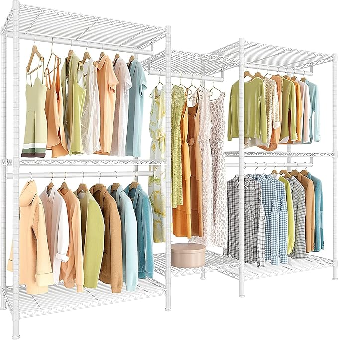Raybee Clothing Rack for Hanging Clothes Heavy Duty Clothes Rack with Shelves,Portable,Adjustable,Metal,Max Load 900lbs,White