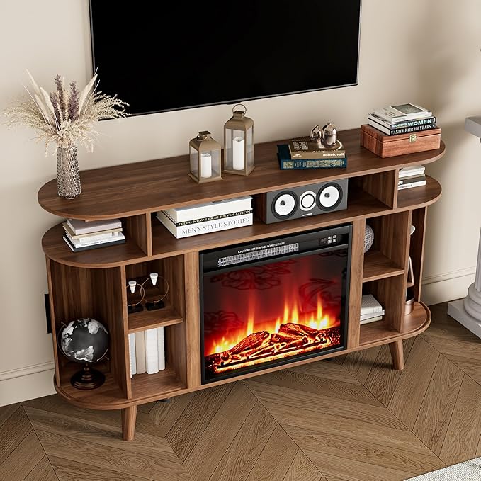 Fireplace TV Stand for TVs Up to 65 Inch, Modern Fireplace Entertainment Center with Sliding Doors and Adjustable Shelves, Media Console Table for Living Room Bedroom, Walnut (Fireplace tv Stand)