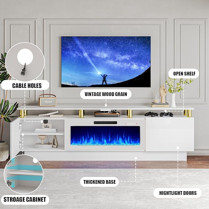 80" Modern Fireplace TV Stand with 36" Electric Fireplace for TVs Up to 90 inch, Luxury LED Light Entertainment Center with High Gloss Cabinet, White + Silver Posts with White Fireplace