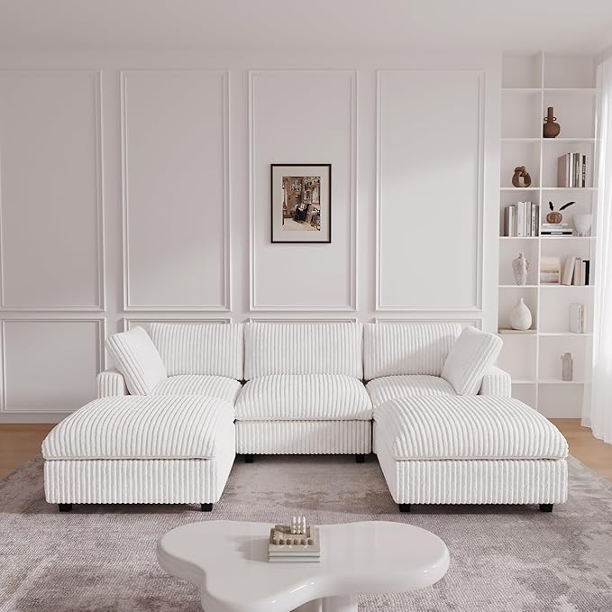 JACH 118" U Shape Modular Sofa for Living Room, Convertable Sectional Couch with Chaise Ottomans, Modern Deep Seat Sofas, Sofa Covers Washable, Minimalist Plush Couch for Living Room, Apartment, Beige