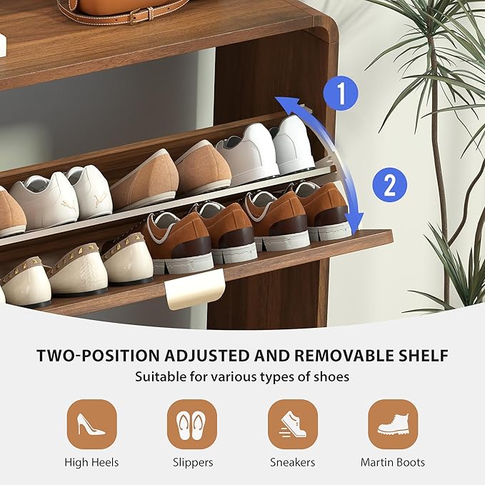 Narrow Shoe Storage Cabinet for Entryway with 4 Flip Drawers, Curved Edge Shoe Cabinet with Arched Stripe Panel, Freestanding Wood Shoe Organizer Closed Shoe Rack for Hallway, Foyer (Walnut)