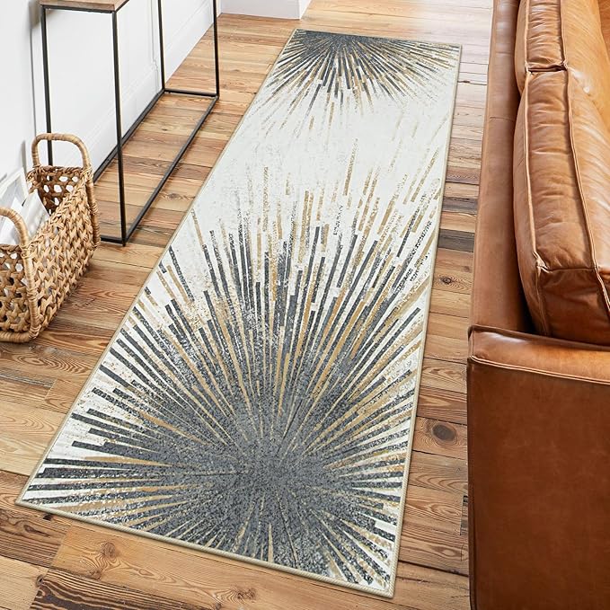 Lahome Modern 2.5x8 Rug Runners for Hallways Non Slip - Ultra-Thin Washable Kitchen Runners, Abstract Print Low-Pile Carpet Rug for Living Room Foyer Entryway (Gold/Gray, 2'5''x8')