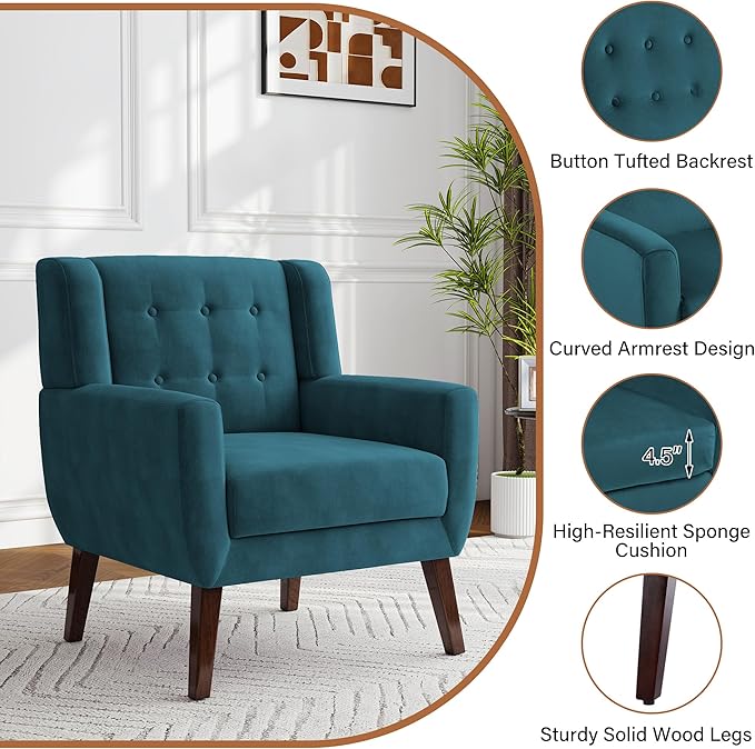 Lumibee Accent Chair, Modern Velevet Armchair for Living Room, Comfy Upholstered Arm Chair Tufted for Indoor Bedroom Office Room (Blue Velvet)