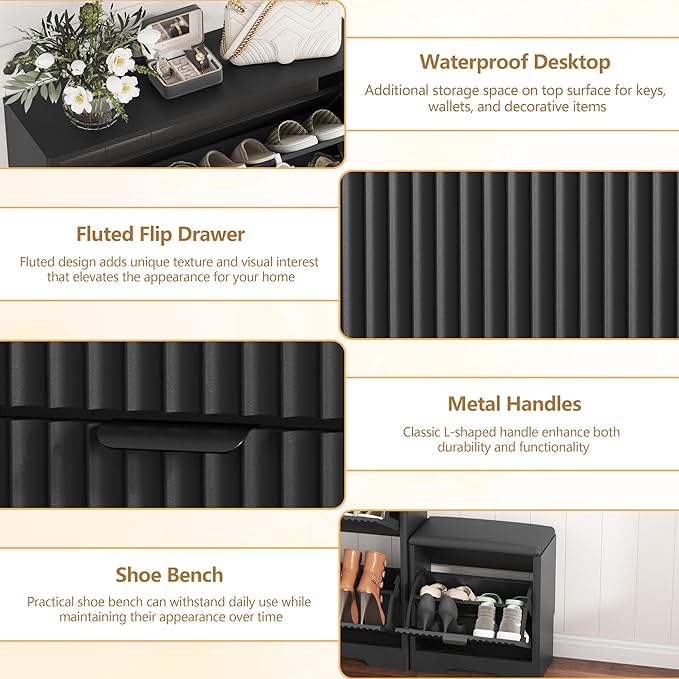 Shoe Cabinet Storage for Entryway with 4 Flip Drawers, Black Fluted Shoe Cabinet with Bench, Wooden Hidden Shoe Rack Freestanding Narrow Slim Shoes Storage Organizer for Hallway, Entrance