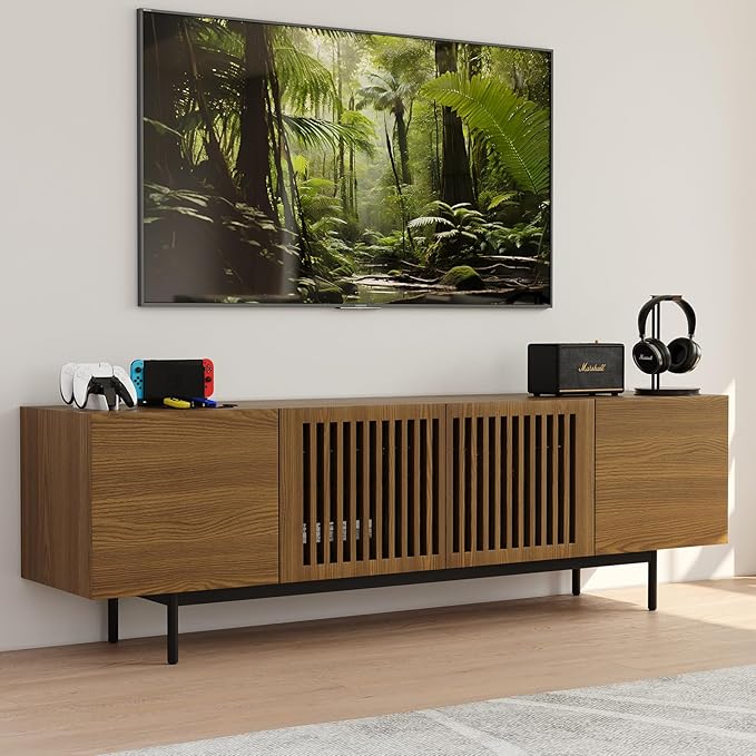 POVISON Full Assembled Mid-Century Modern TV Stand with Slatted Doors, Wood Media Console for 65-75 Inch TV, TV Console with Tall-cast Metal Legs, Entertainment Center with Storage for Living Room