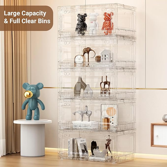 BROVIEW Clear Stackable Storage Bins Drawers, Open Front Large Plastic Storage Bins with Lids, Foldable Closet Organizers and Storage for Wardrobe Cabinets, Pantry, Makeup,3 Pack