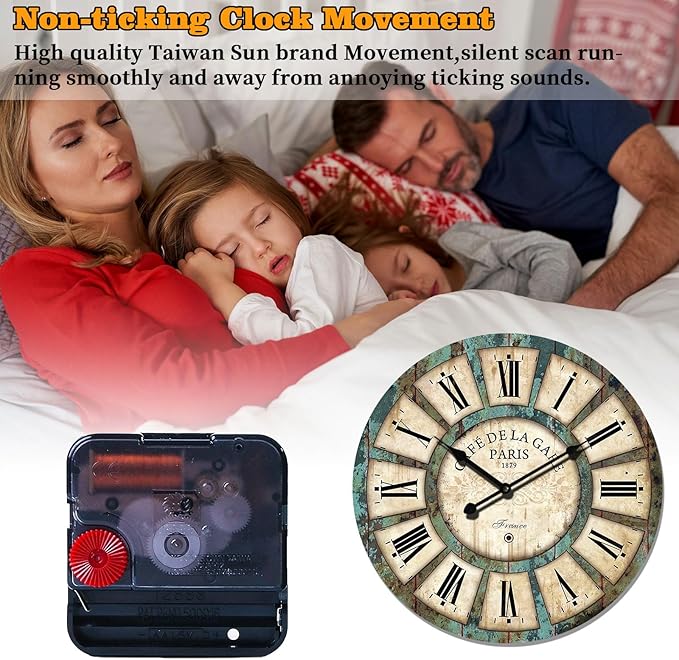 16 Inch Vintage Wall Clock, Roman Numerals Style, Battery Operated, Non-Ticking, Large Farmhouse Clock, Rustic Wall Decor, Perfect for Home, Kitchen, Living Room